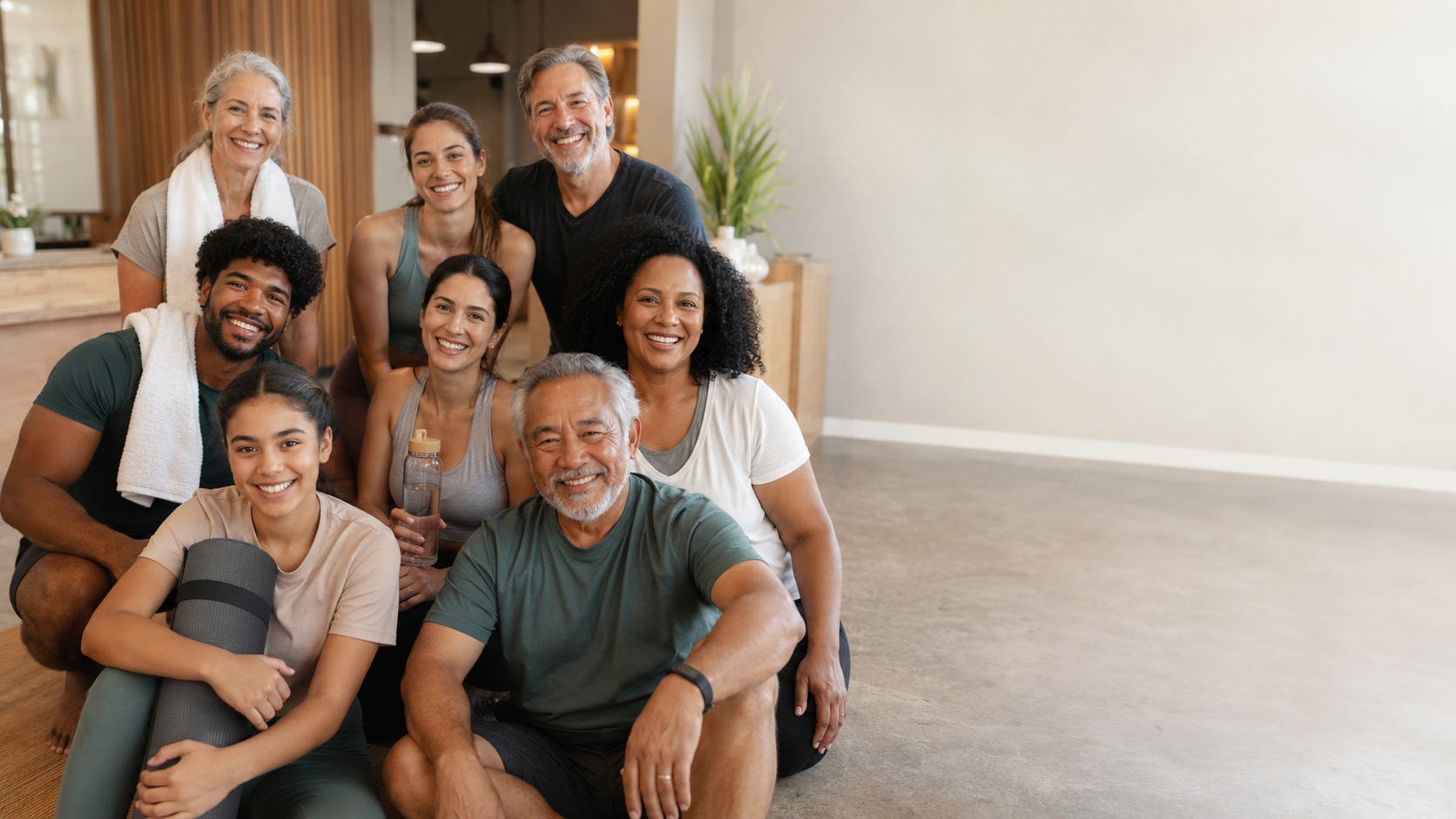 Diverse group of smiling wellness clients of all ages gathered together in a bright modern studio at Innovation Wellness Health Spa in Early, Texas